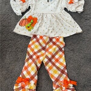 Rare Editions Cream Top with Gold Dots & Orange Plaid Ruffle Leggings